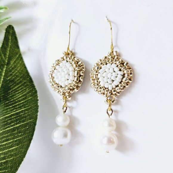 2/$27 | Genuine Pearl Shield Beaded Indigenous Hoop Earrings | Handmade - Picture 3 of 5